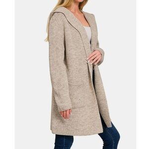 Zenana Hooded Open Front Sweater Cardigan – Heather Grey/Oatmeal
